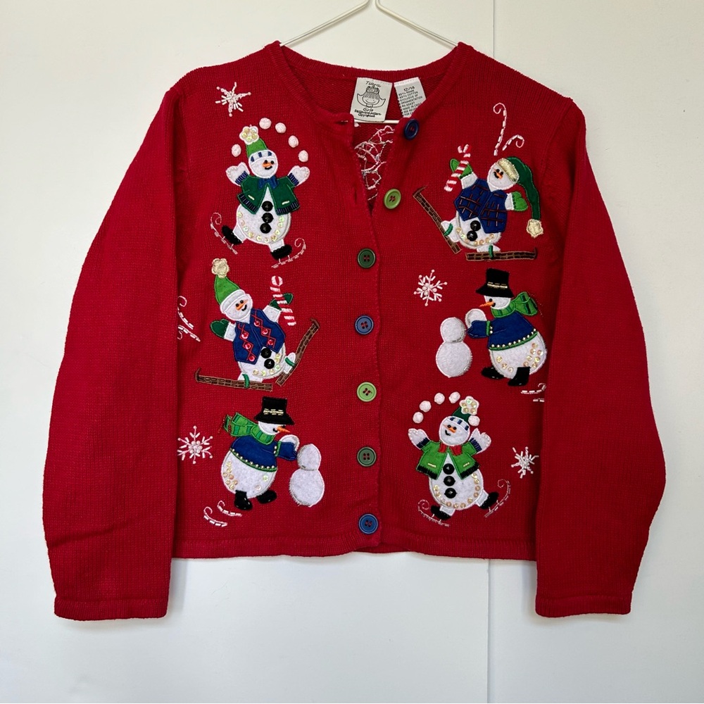 Red Ugly Holiday Sweater Christmas Cardigan Beaded with Snowmen Size 12/14
